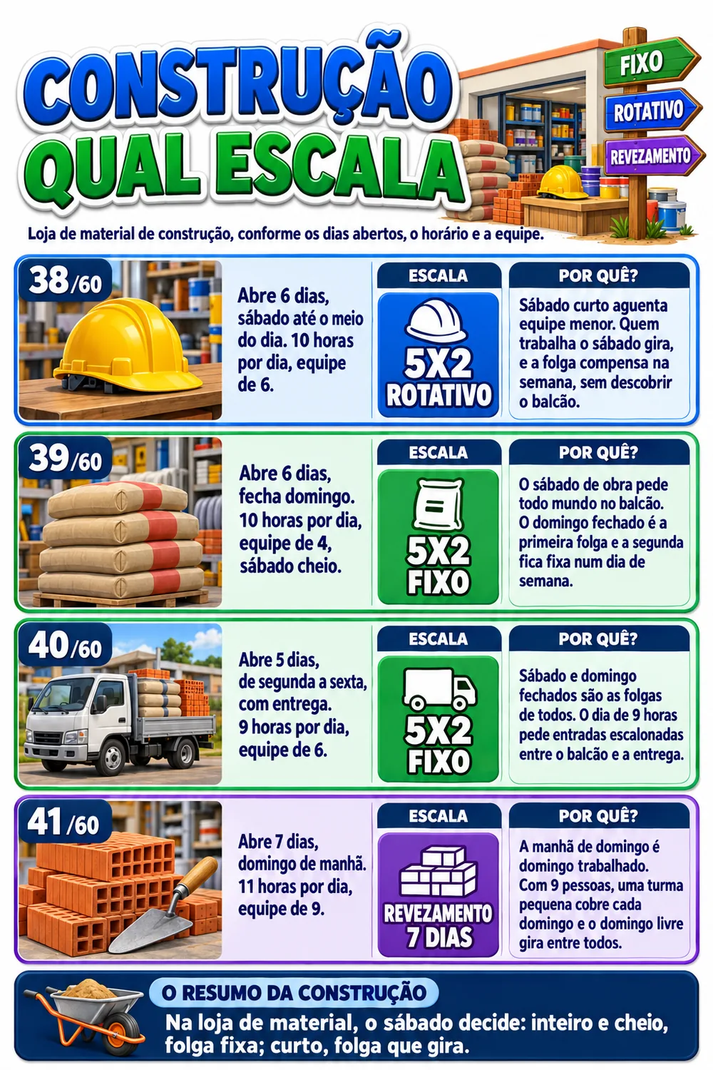 Ficha de cenário da loja de material de construção, com o POR QUÊ escrito ao lado de cada recomendação